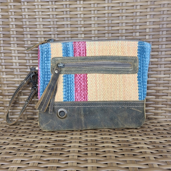 Myra Bag Handbags - Myra Bag Midsummer Wristlet Clutch Pouch Striped Multicolor Rug Canvas Leather